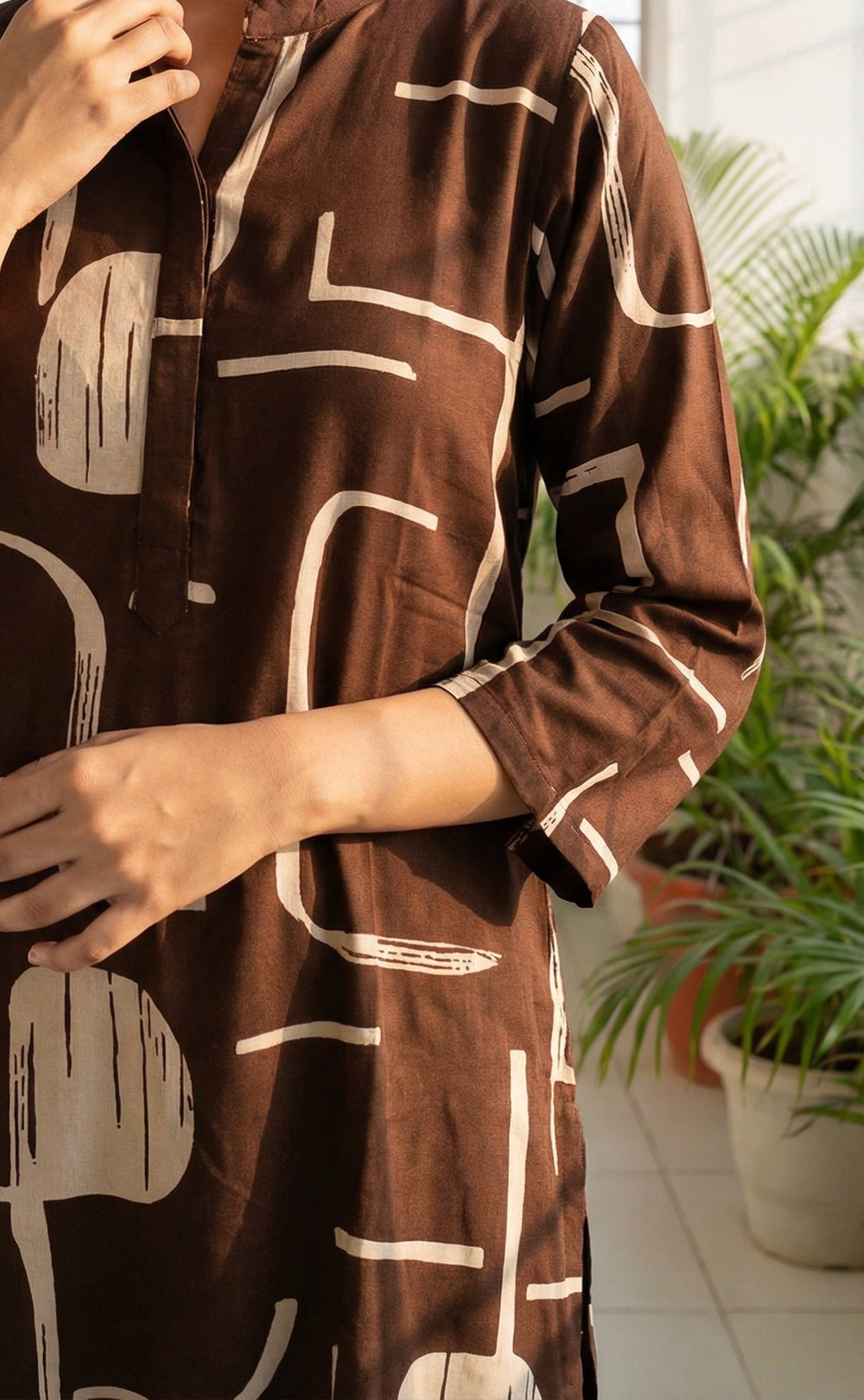 Rayon Dark Brown Cream Printed Straight Kurti