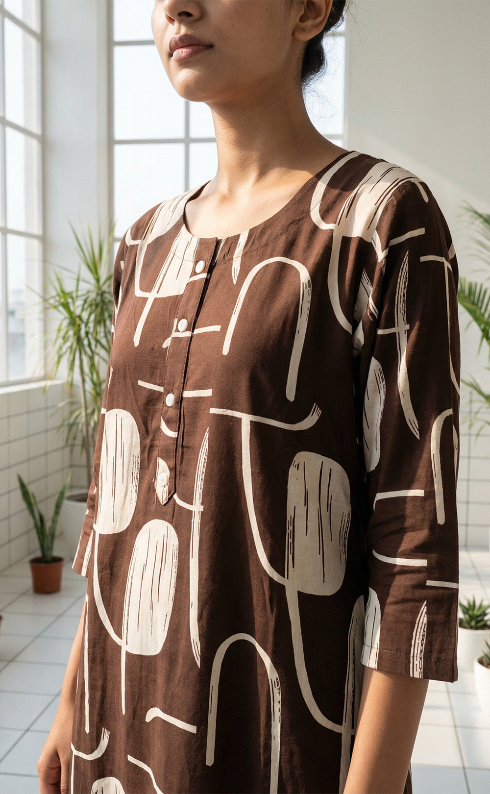 Rayon Dark Brown Cream Printed Straight Kurti