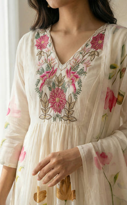 White Mal Chanderi thread work Ghera model kurti set with Brush paint dupatta