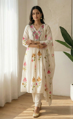 White Mal Chanderi thread work Ghera model kurti set with Brush paint dupatta