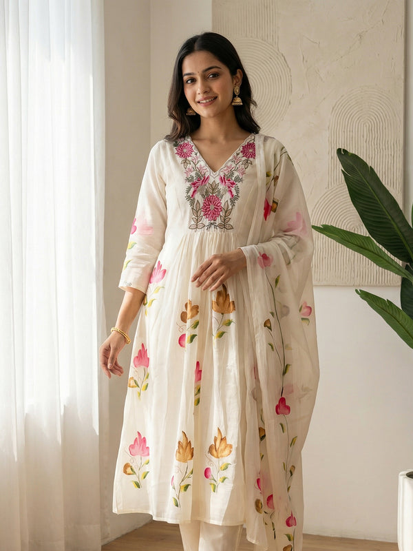 White Mul Chanderi thread work Ghera model Kurti Set with Brush paint Dupatta