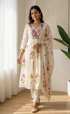 White Mul Chanderi Thread Work Ghera Model Kurti Set With Brush Paint Dupatta
