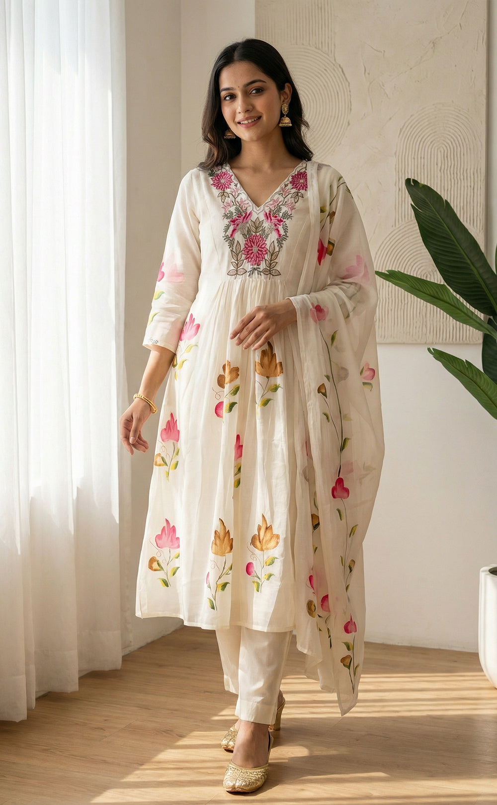 White Mal Chanderi thread work Ghera model kurti set with Brush paint dupatta