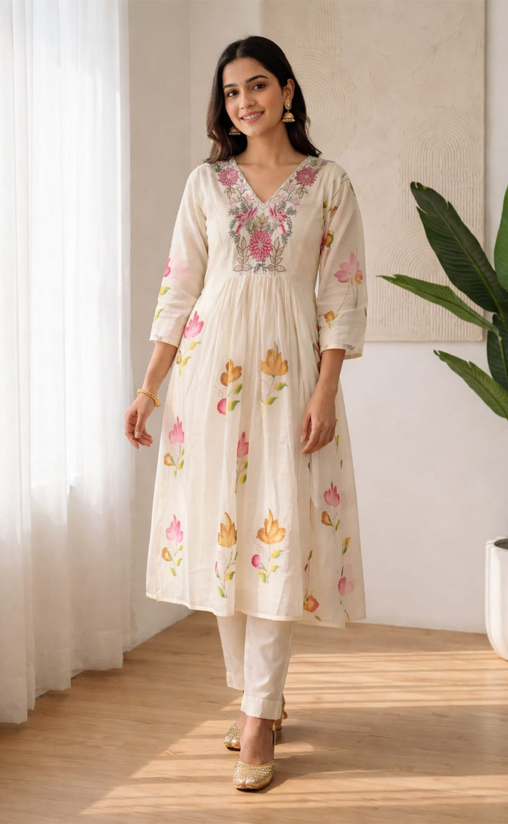 White Mal Chanderi thread work Ghera model kurti set with Brush paint dupatta