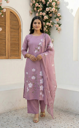 Lavender roman silk kundan work  kurti set with brush paint dupatta