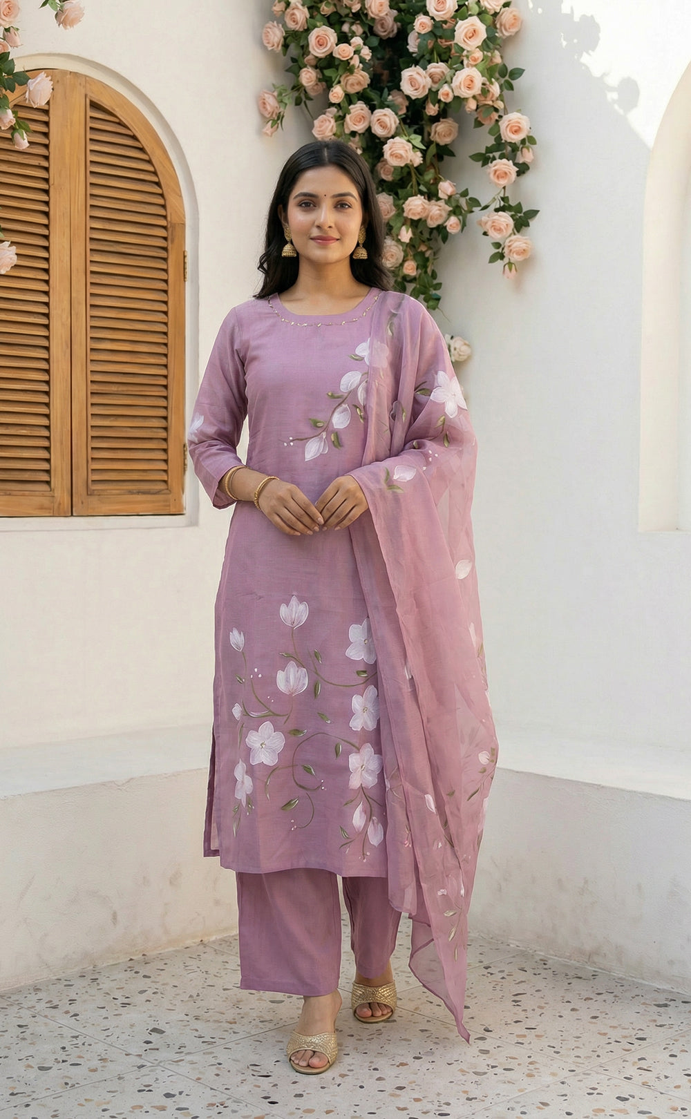 Lavender roman silk kundan work  kurti set with brush paint dupatta