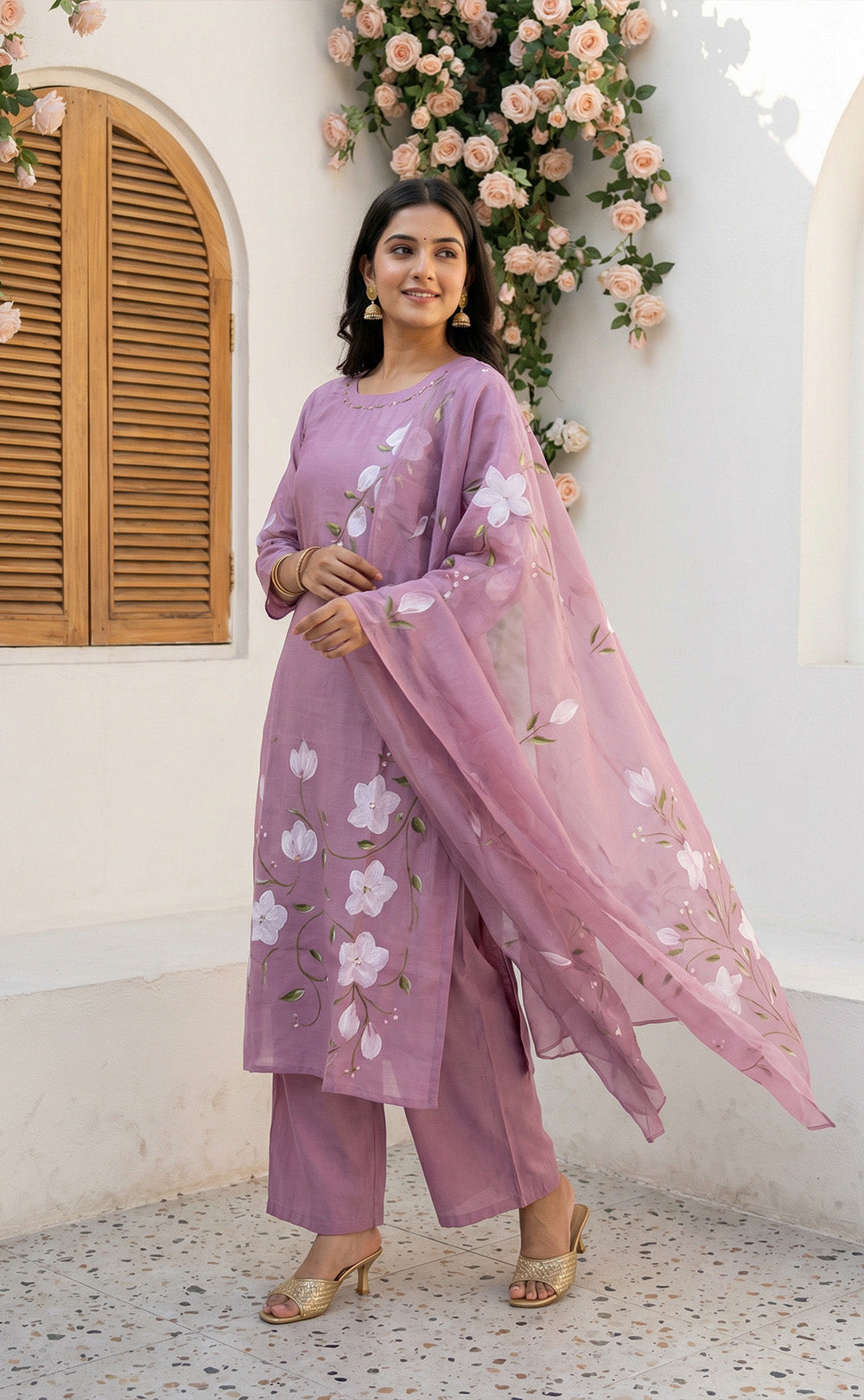 Lavender roman silk kundan work  kurti set with brush paint dupatta