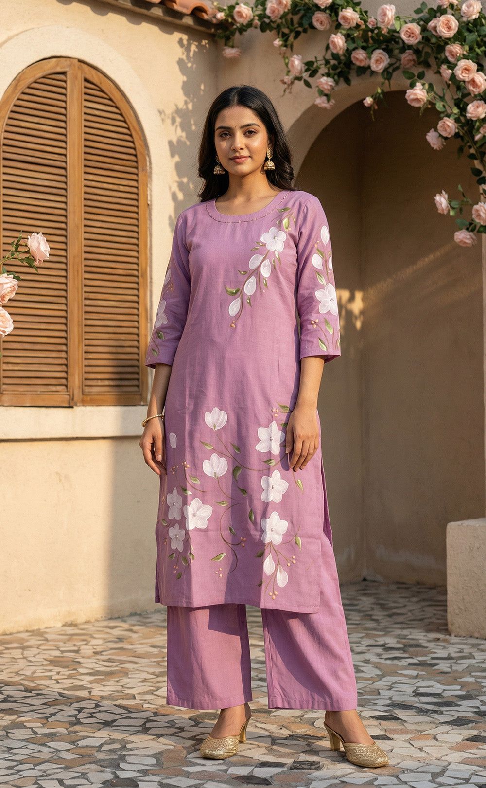 Lavender roman silk kundan work  kurti set with brush paint dupatta