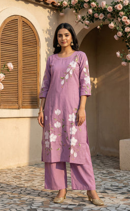 Lavender roman silk kundan work  kurti set with brush paint dupatta