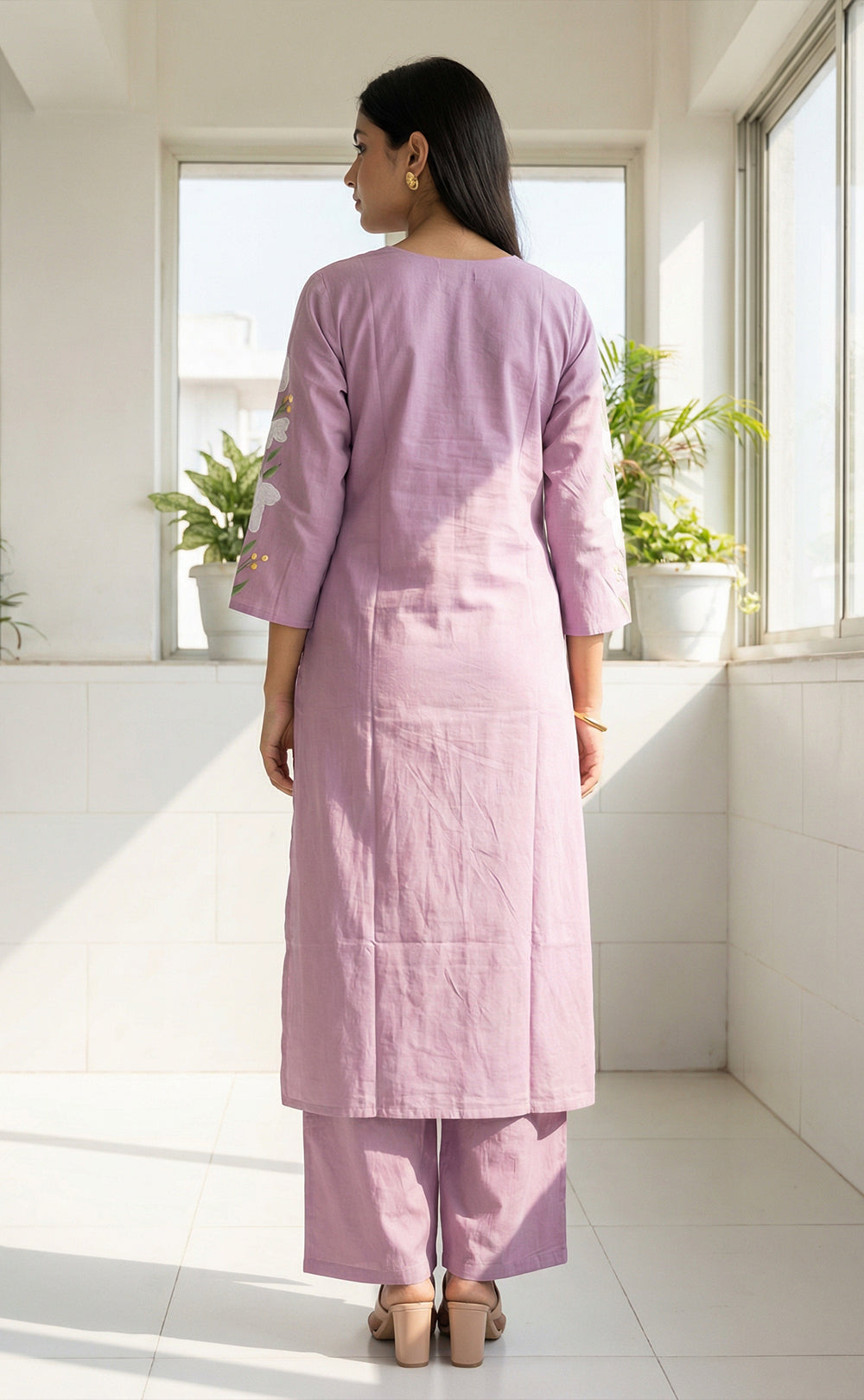 Lavender roman silk kundan work  kurti set with brush paint dupatta