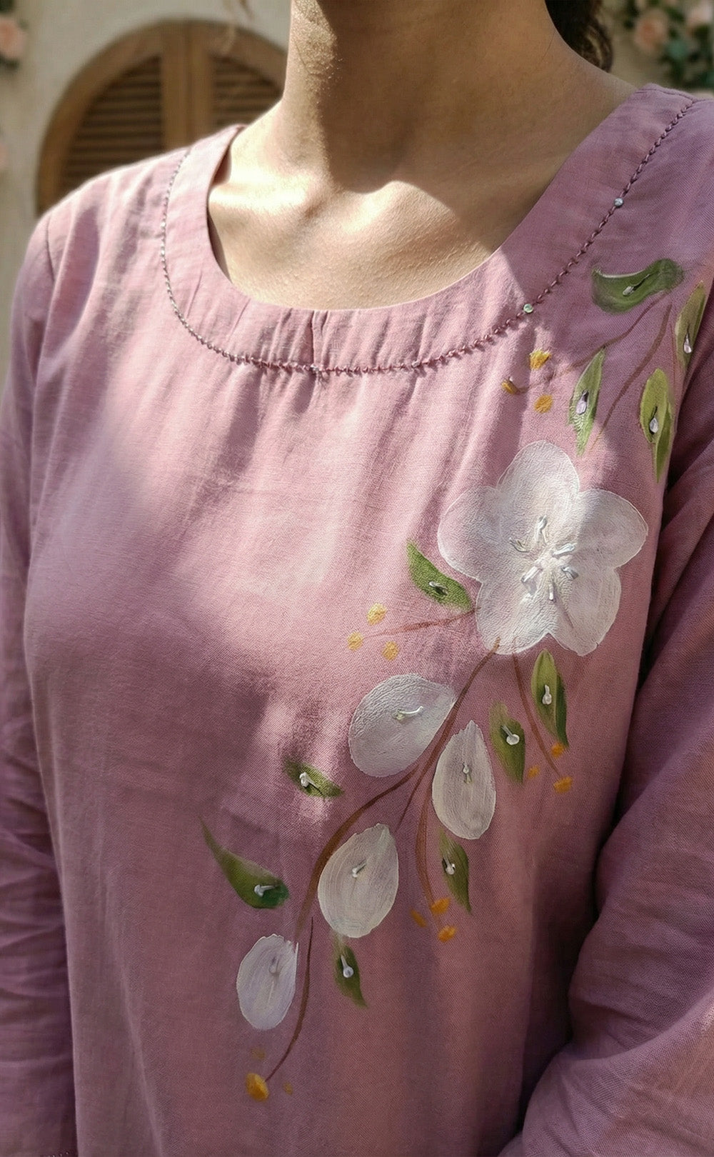 Lavender roman silk kundan work  kurti set with brush paint dupatta