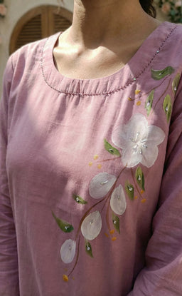 Lavender roman silk kundan work  kurti set with brush paint dupatta