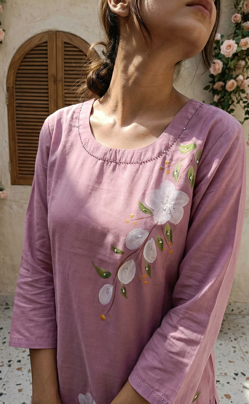 Lavender roman silk kundan work  kurti set with brush paint dupatta