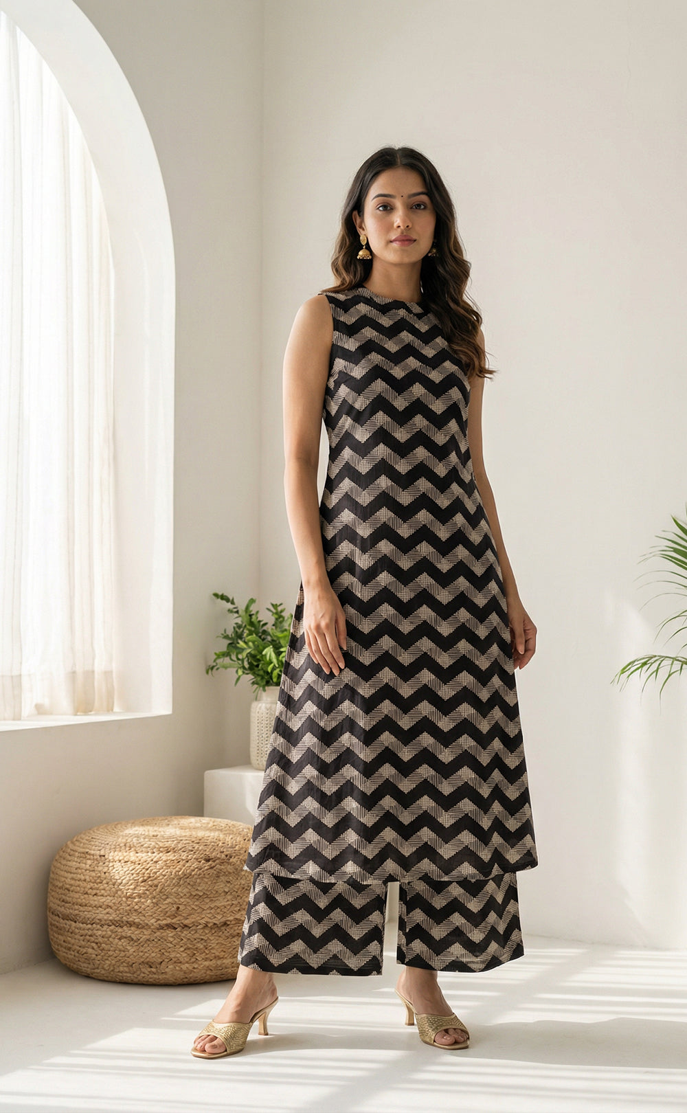 Black Rayon white Geometric print Cord set