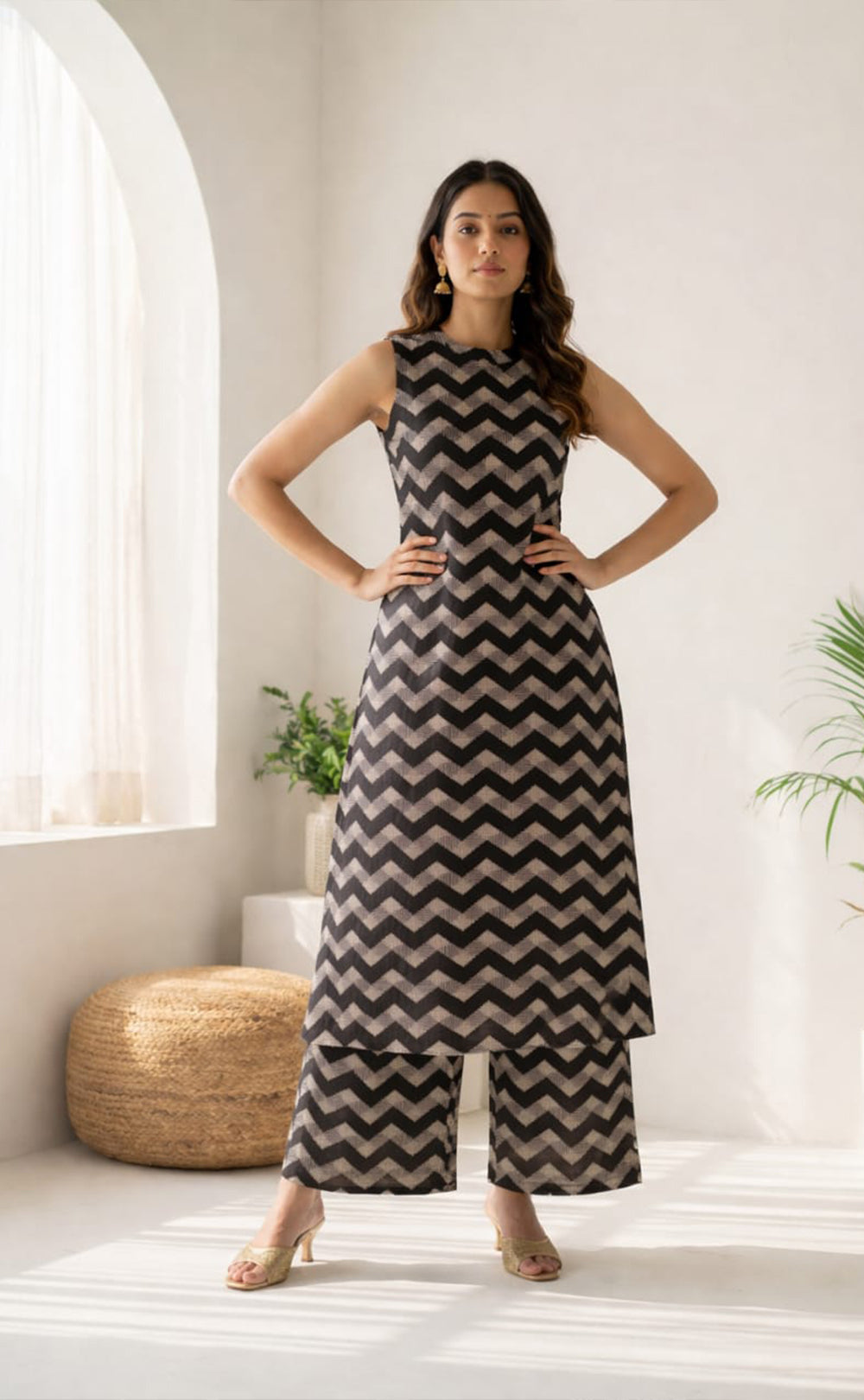 Black Rayon white Geometric print Cord set