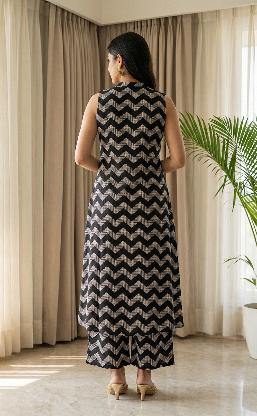 Black Rayon white Geometric print Cord set