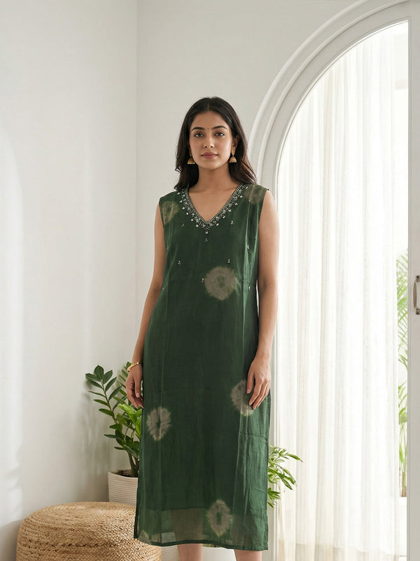 Green Georgette Shibori Printed Straight Kurti