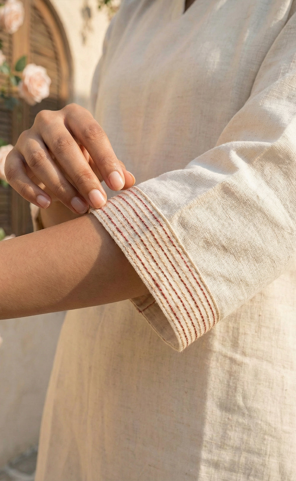 Half white cotton Cord set with floral thread work