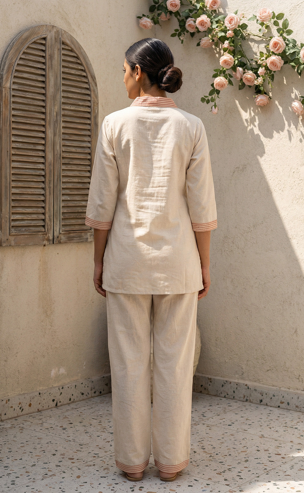 Half white cotton Cord set with floral thread work