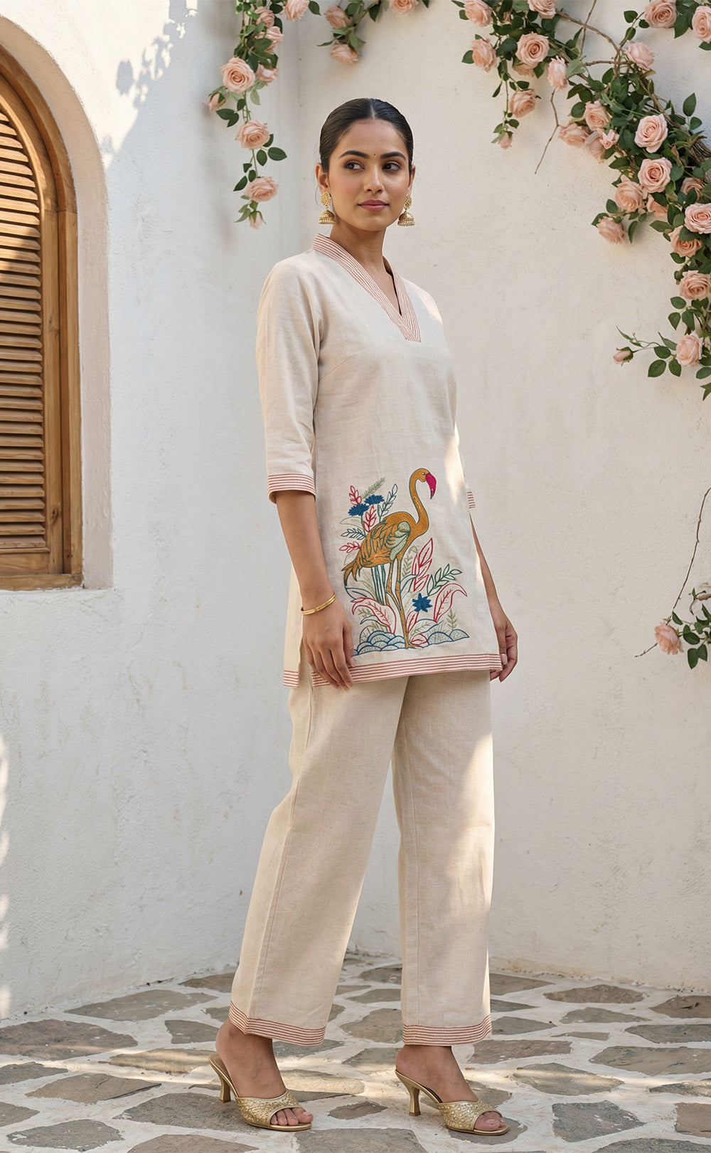 Half white cotton Cord set with floral thread work