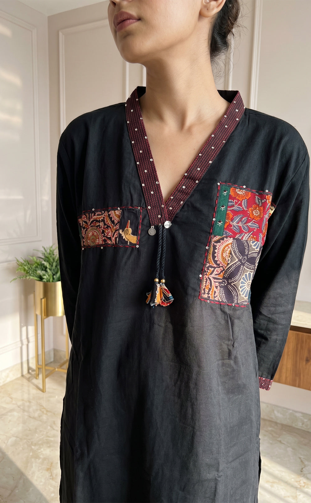 Black Cotton Kalamkari Patch Work Kurti Set