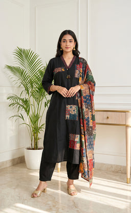 Black Cotton Kalamkari Patch Work Kurti Set