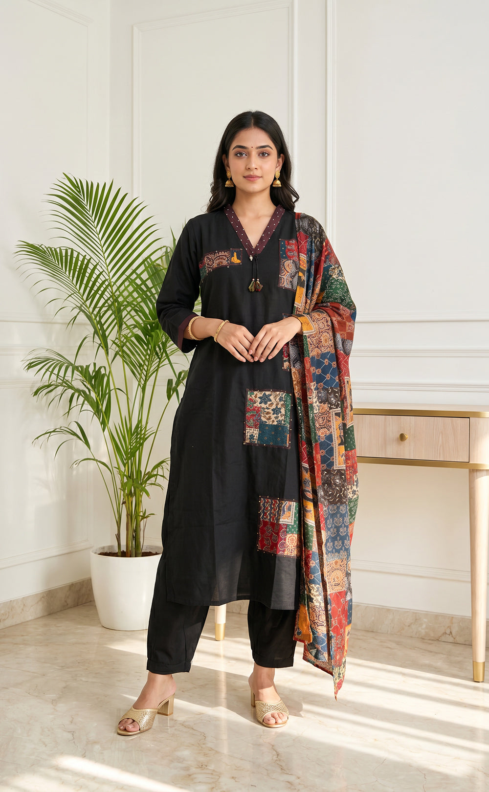 Black Cotton Kalamkari Patch Work Kurti Set