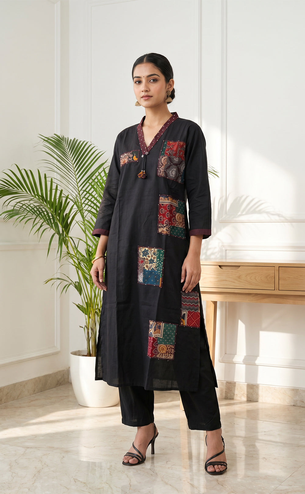 Black Cotton Kalamkari Patch Work Kurti Set