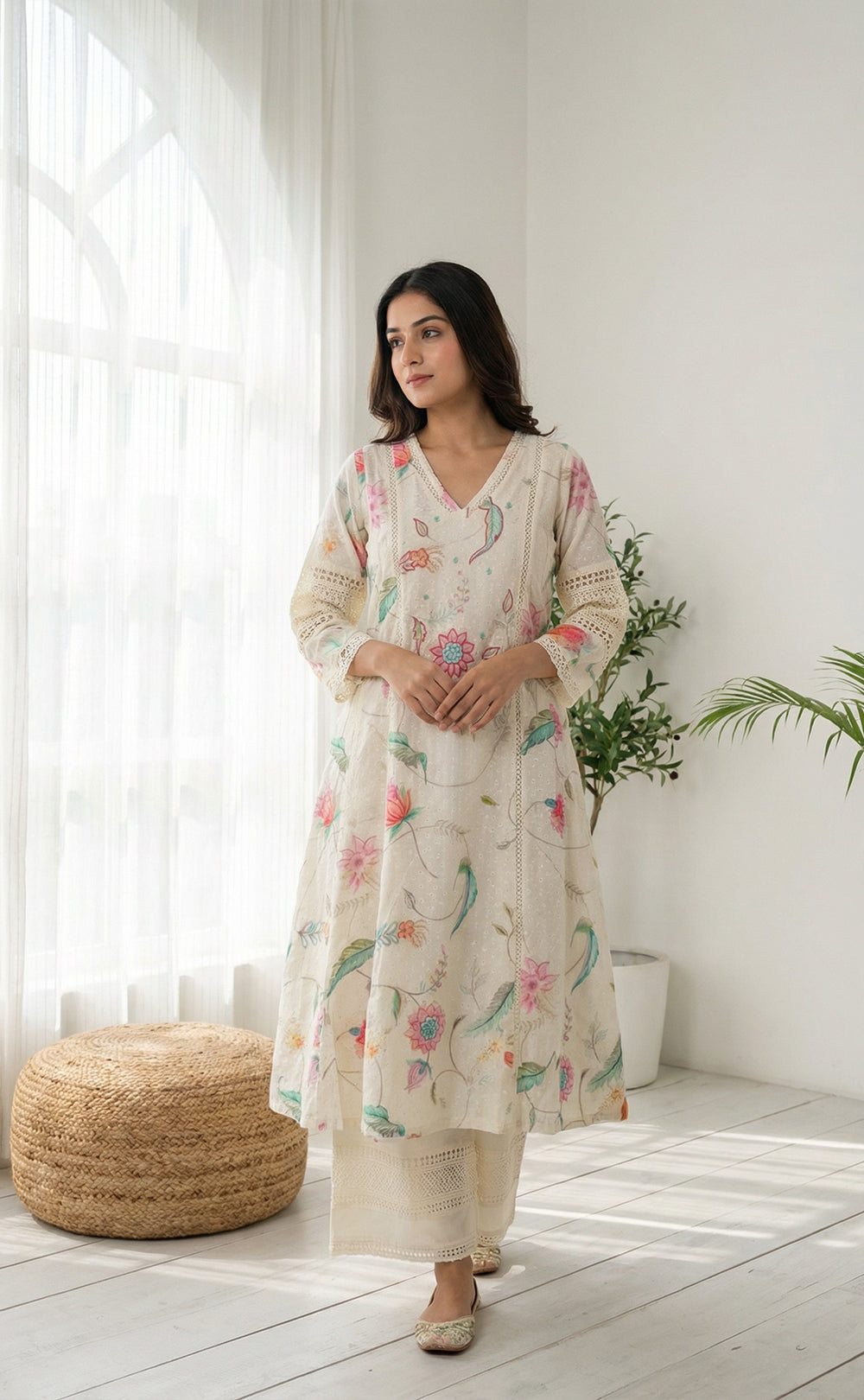 White cotton kurti set with chiffon work V-neck design and digital printed dupatta