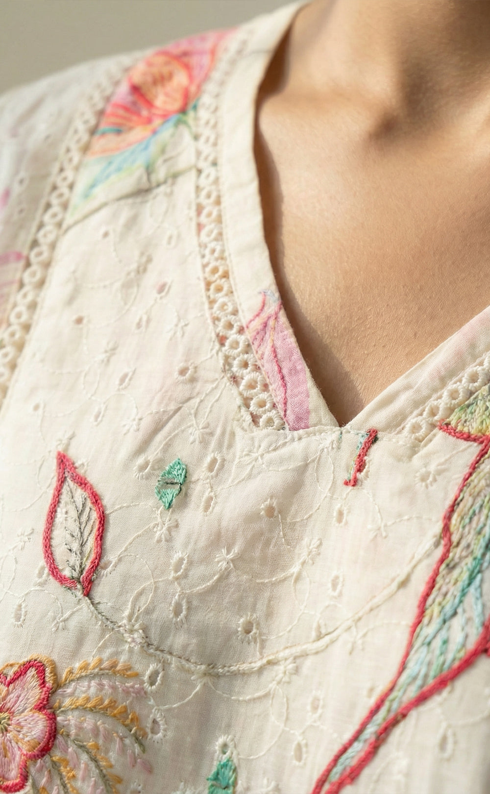 White cotton kurti set with chiffon work V-neck design and digital printed dupatta