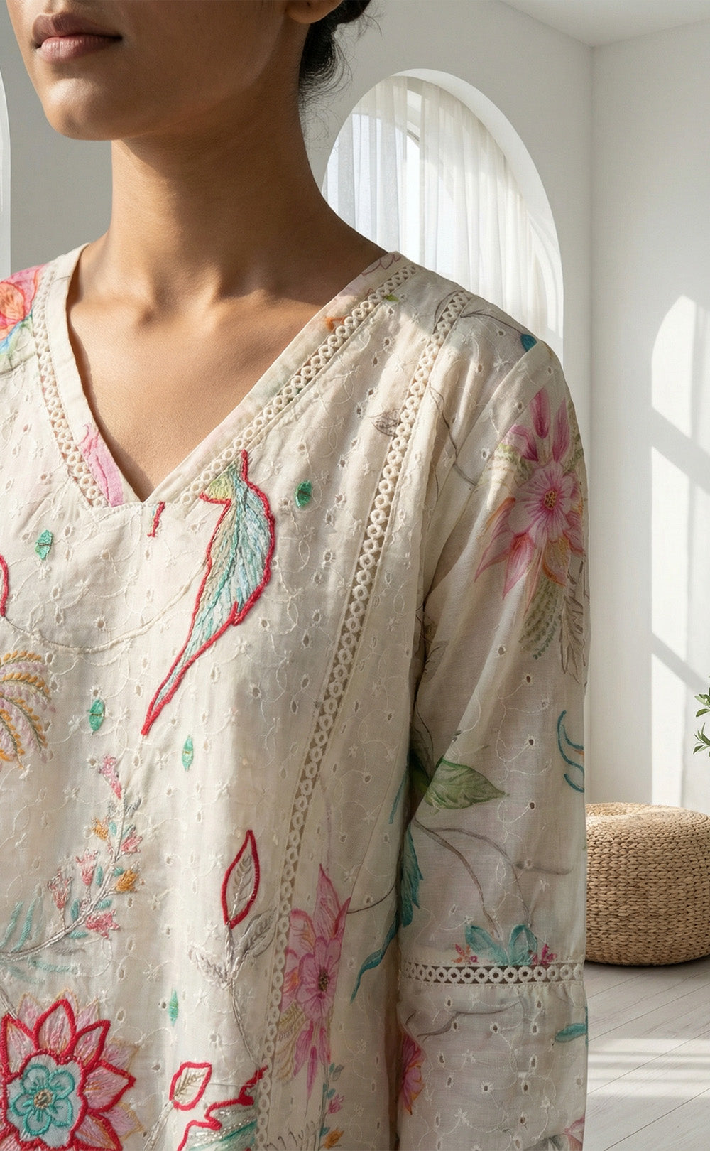 White cotton kurti set with chiffon work V-neck design and digital printed dupatta