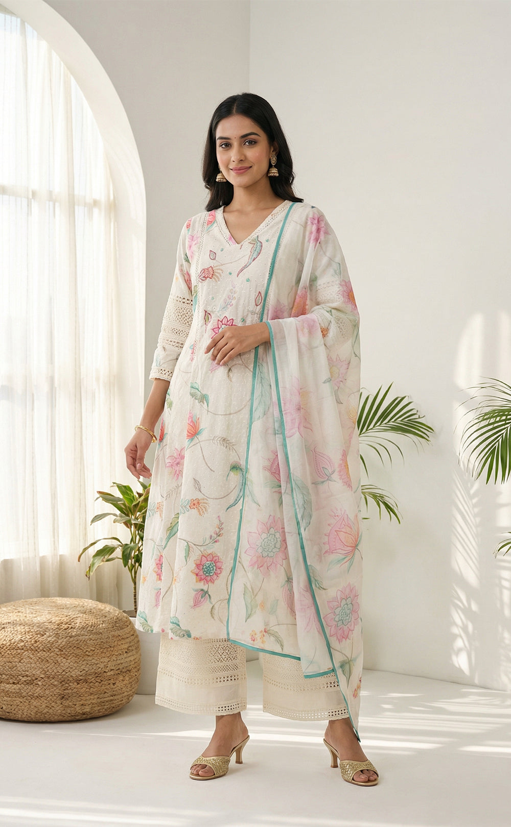 White cotton kurti set with chiffon work V-neck design and digital printed dupatta