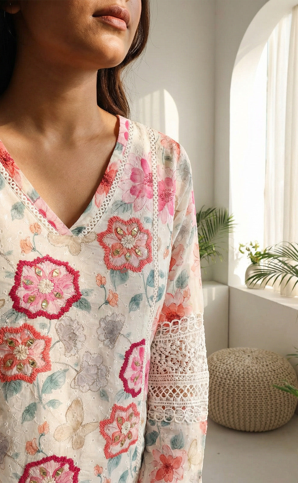 White cotton kurti set with chiffon work V-neck design and digital printed dupatta