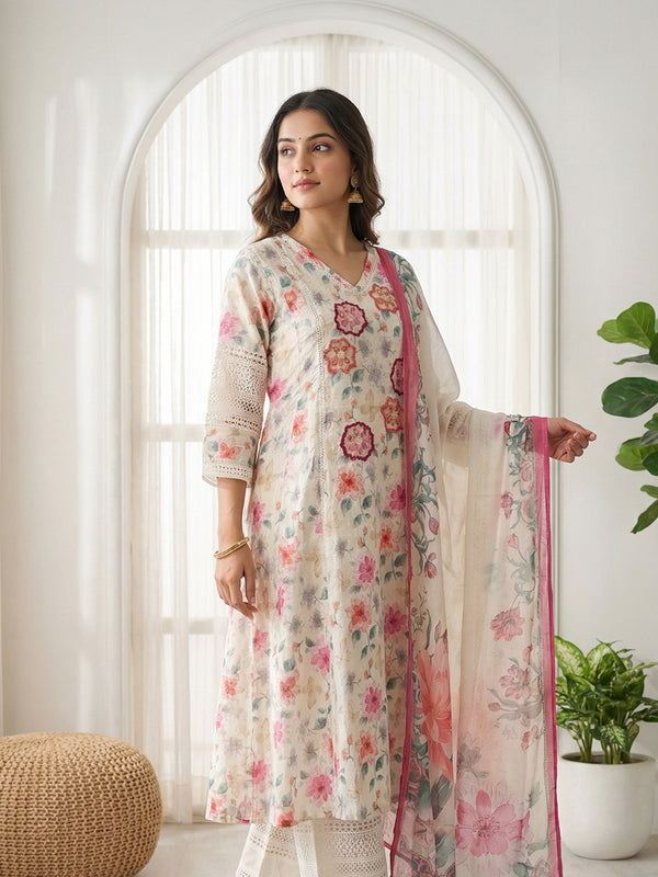 White Cotton Kurti Set with Chiffon work V-neck design and digital printed Dupatta