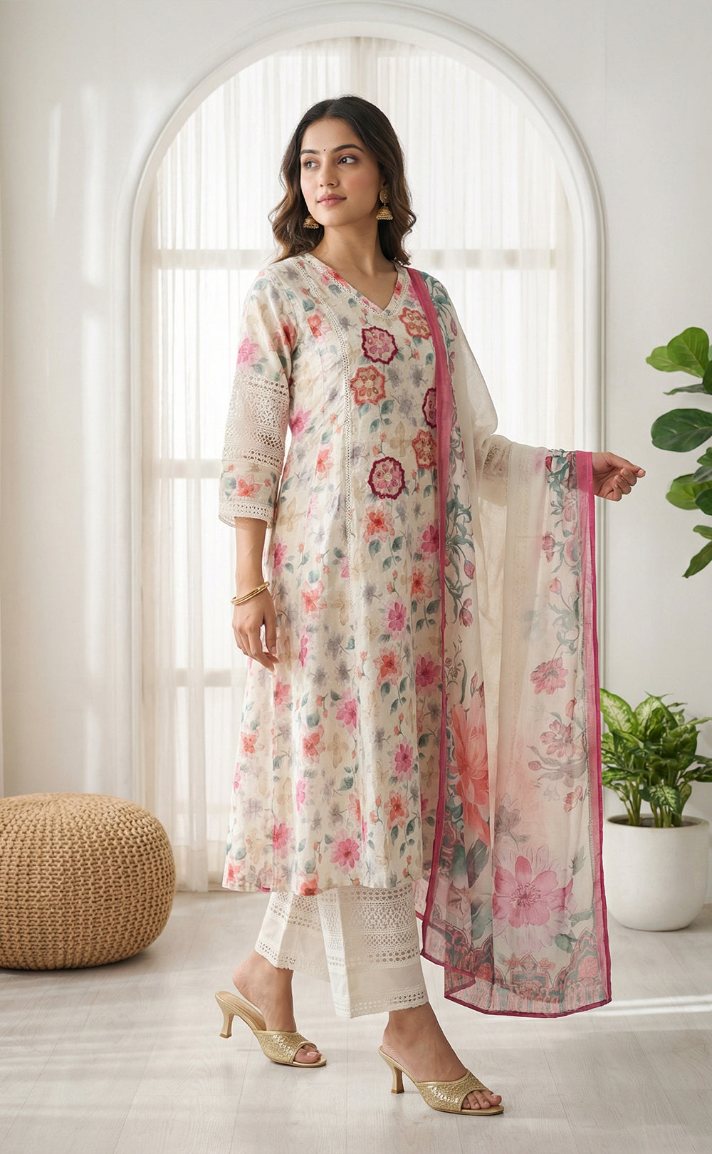 White cotton kurti set with chiffon work V-neck design and digital printed dupatta