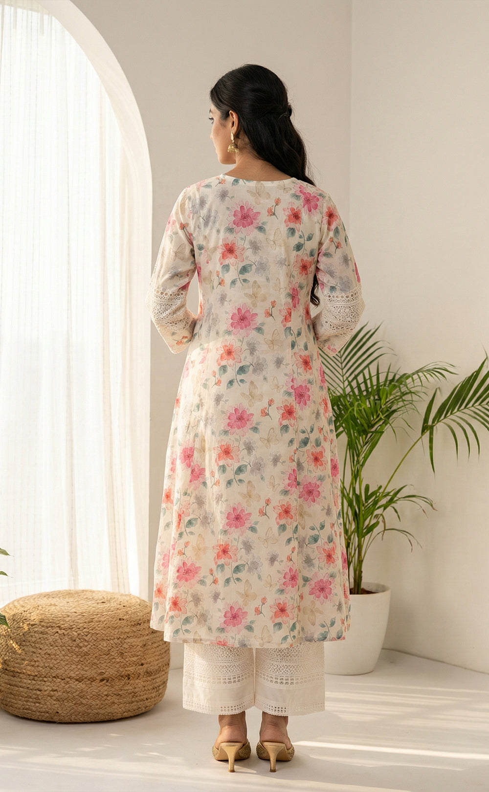 White cotton kurti set with chiffon work V-neck design and digital printed dupatta