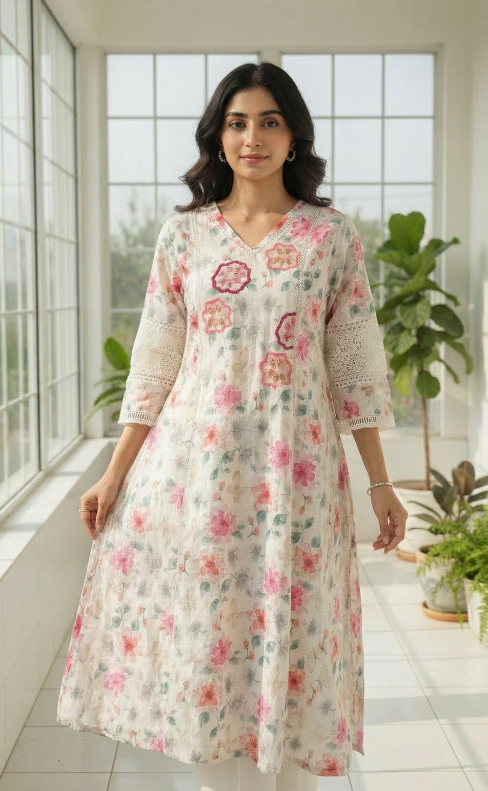 White cotton kurti set with chiffon work V-neck design and digital printed dupatta