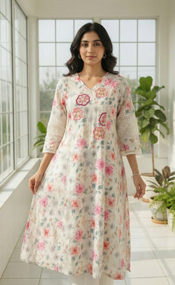 White cotton kurti set with chiffon work V-neck design and digital printed dupatta