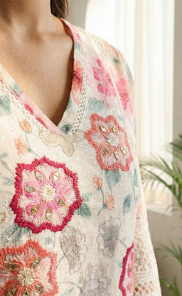 White cotton kurti set with chiffon work V-neck design and digital printed dupatta