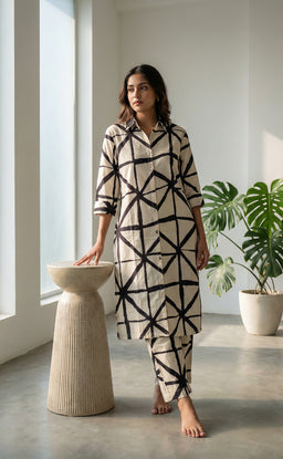 White Mul Cotton black printed Collar button Cord set