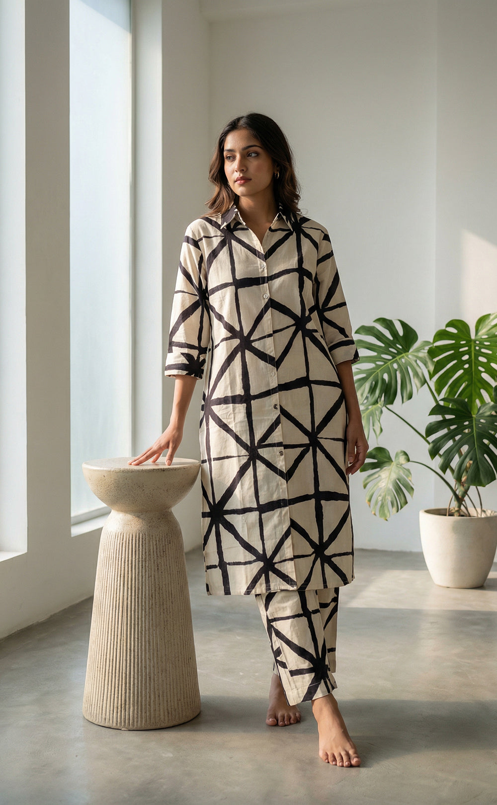 White Mul Cotton black printed Collar button Cord set