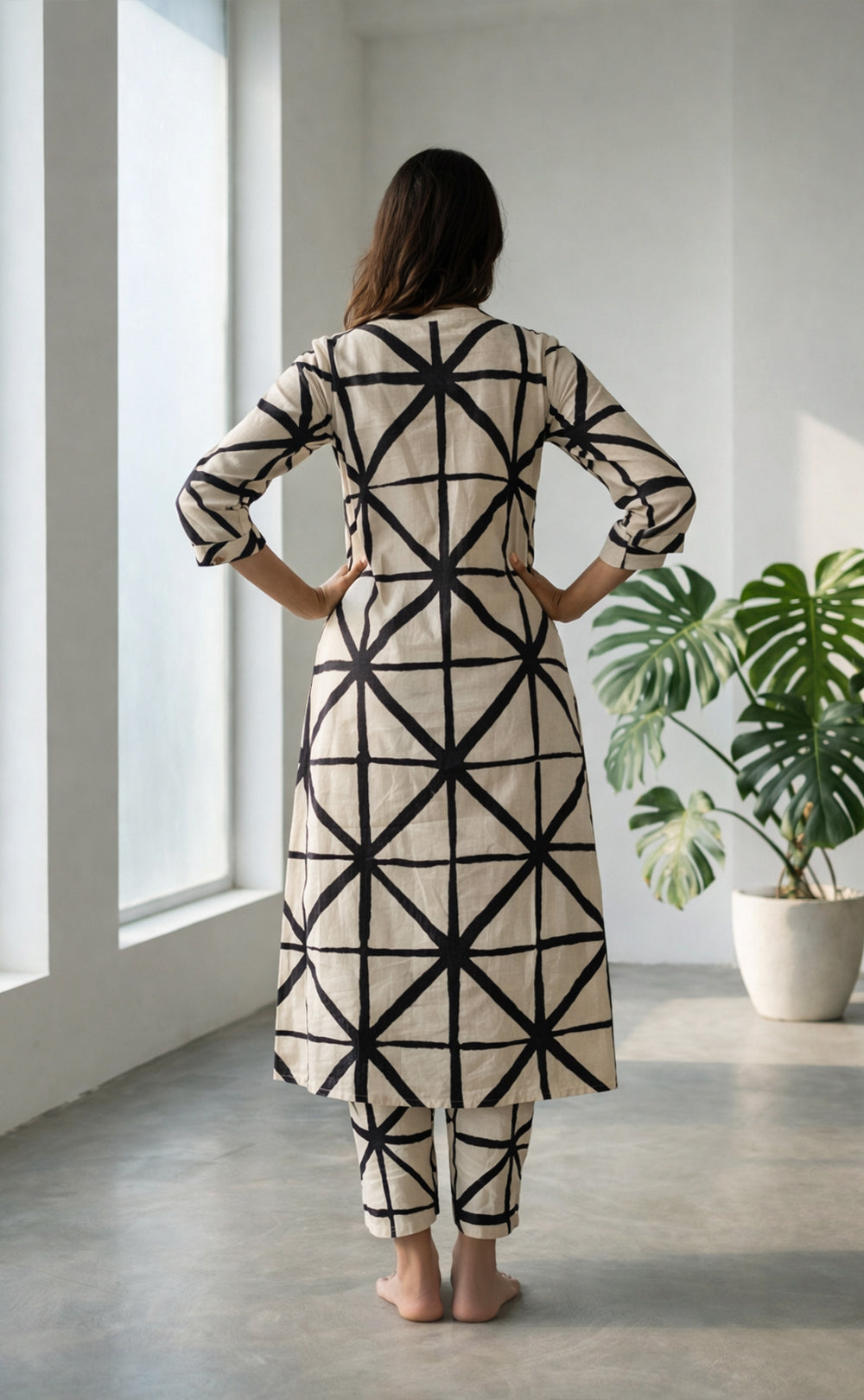 White Mul Cotton black printed Collar button Cord set