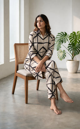 White Mul Cotton black printed Collar button Cord set