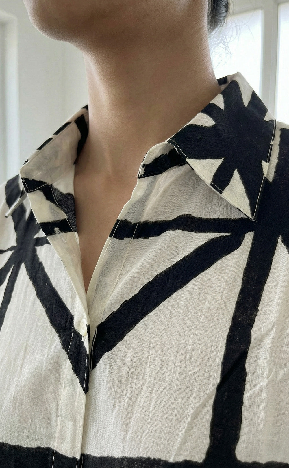 White Mul Cotton black printed Collar button Cord set