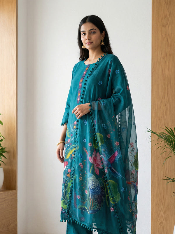Rama Blue Roman Silk Brush paint with Knot work and Organza Dupatta