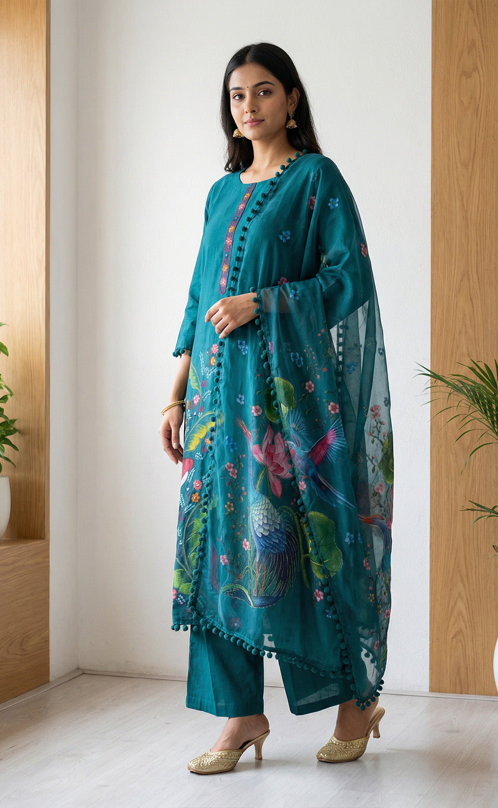 Teal Green Roman silk Brush paint with Knot work and Organza dupatta