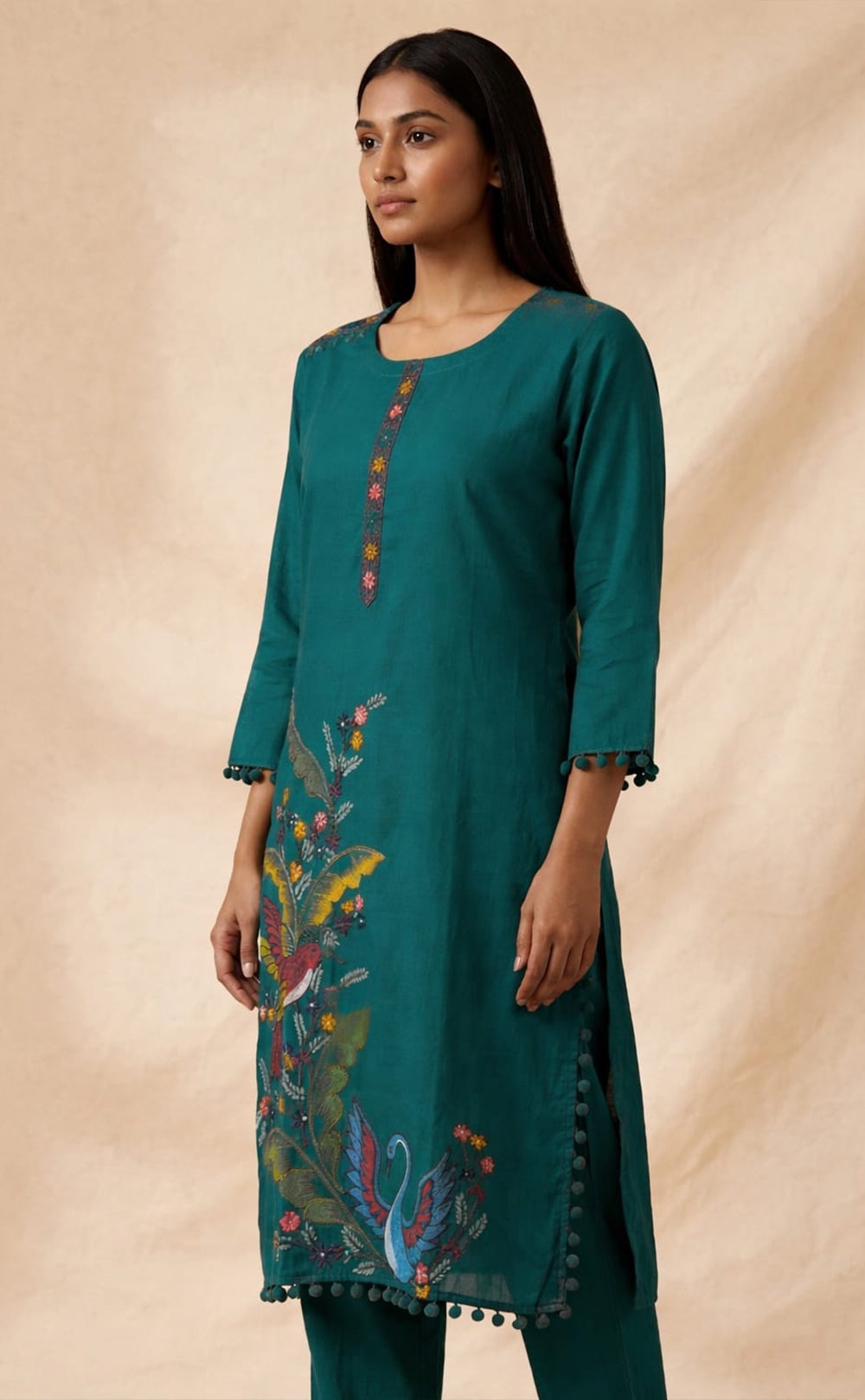 Teal Green Roman silk Brush paint with Knot work and Organza dupatta