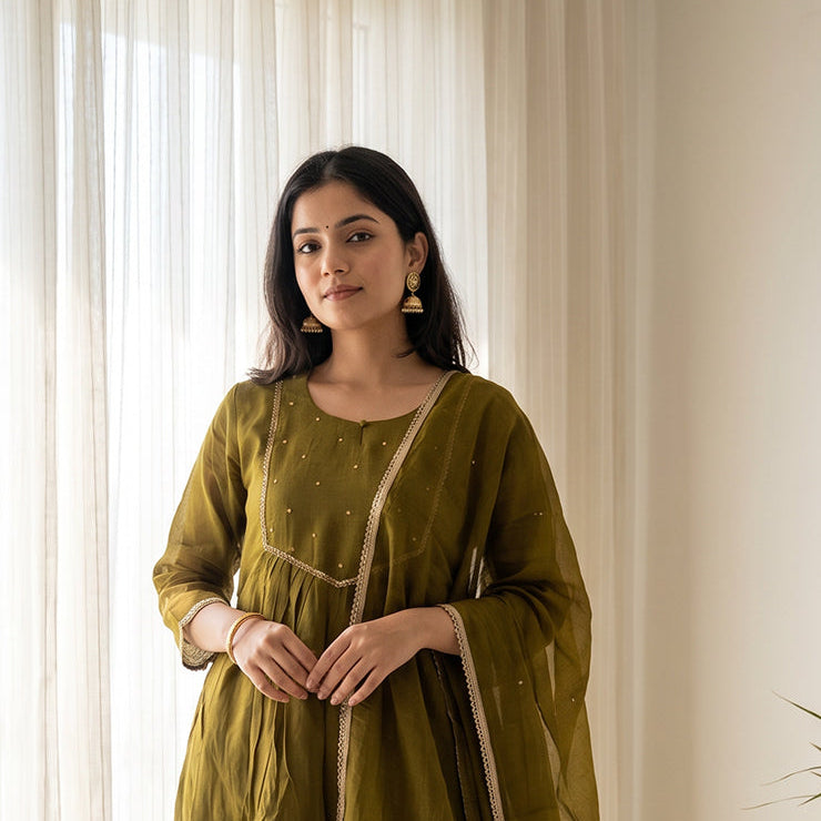 Olive Green Mul Chanderi Beats Work Kurti Set