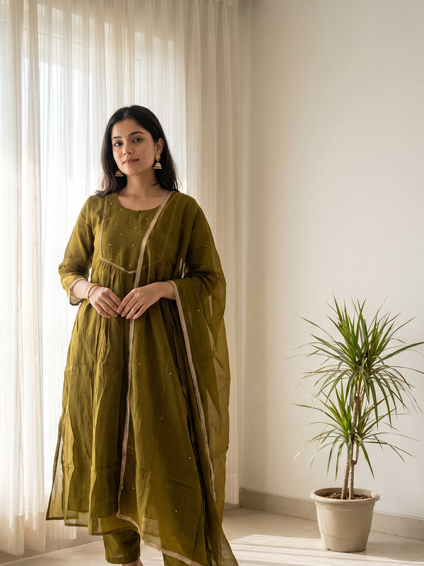 Olive Green Mul Chanderi Beats Work Kurti Set