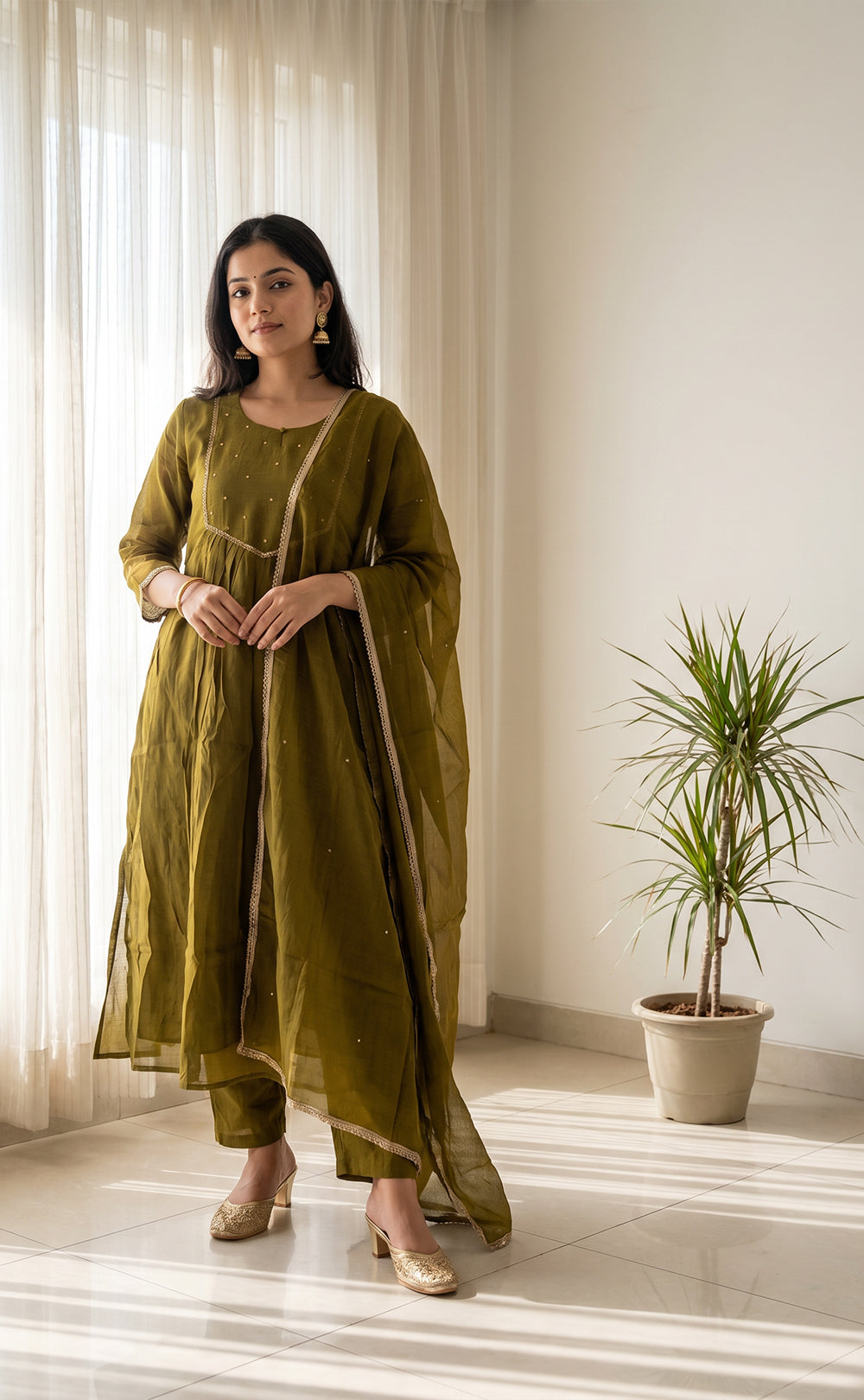 Olive Green Mul Chanderi Beats Work Kurti Set